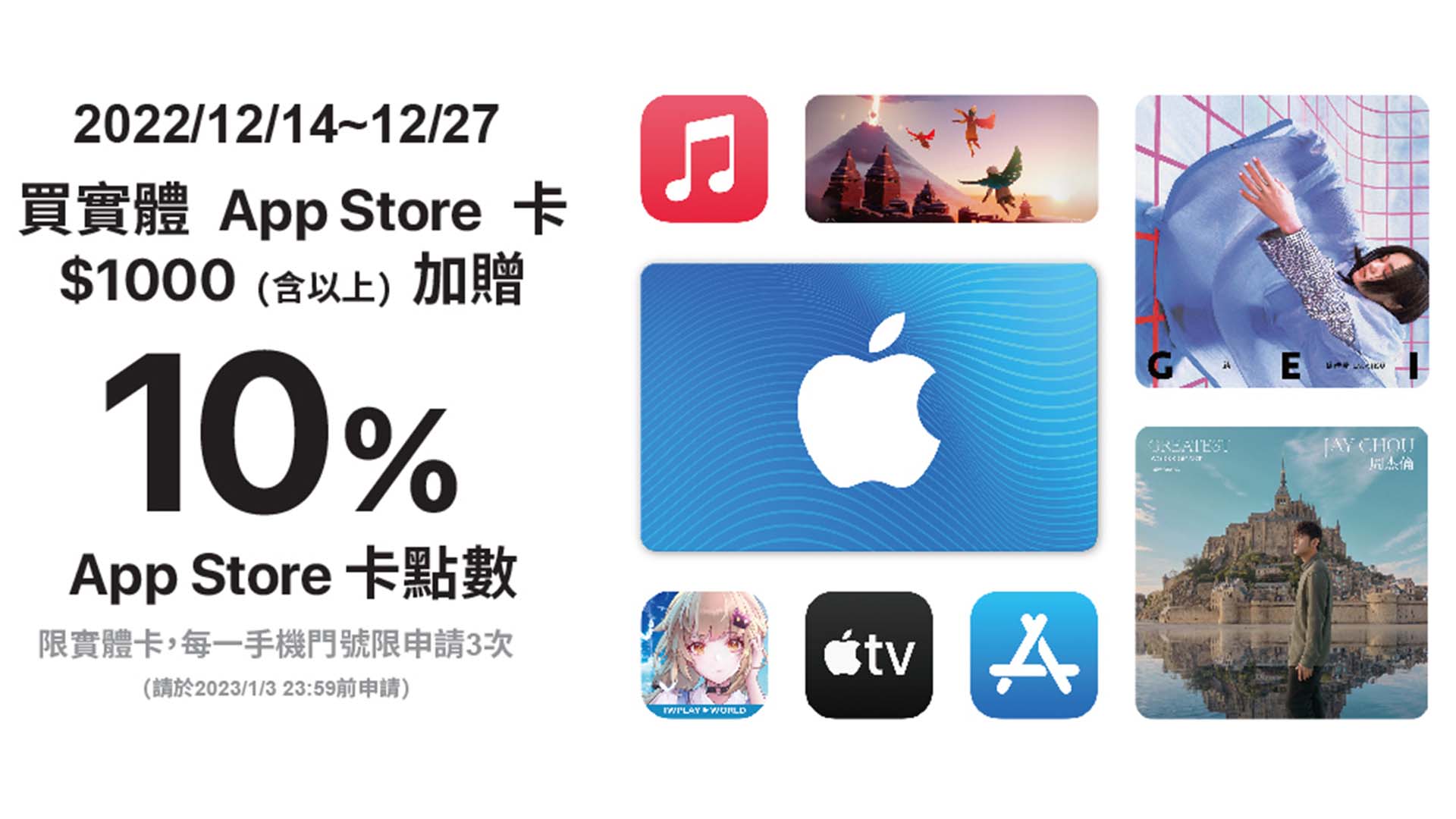 限時限量兩週快把握！購買實體 App Store 卡 1,000 元以上即加贈 10% 點數